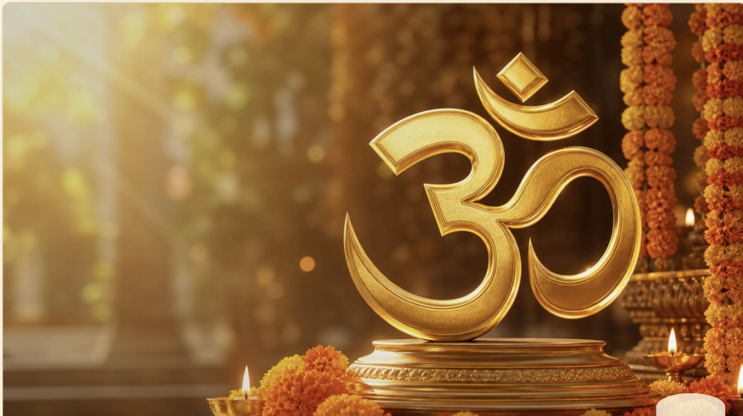 Golden Om with marigold flowers